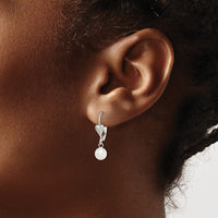 Sterling Silver RH-pltd 6-7mm FWC Pearl Heart Leverback Dangle Earrings