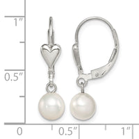 Sterling Silver RH-pltd 6-7mm FWC Pearl Heart Leverback Dangle Earrings