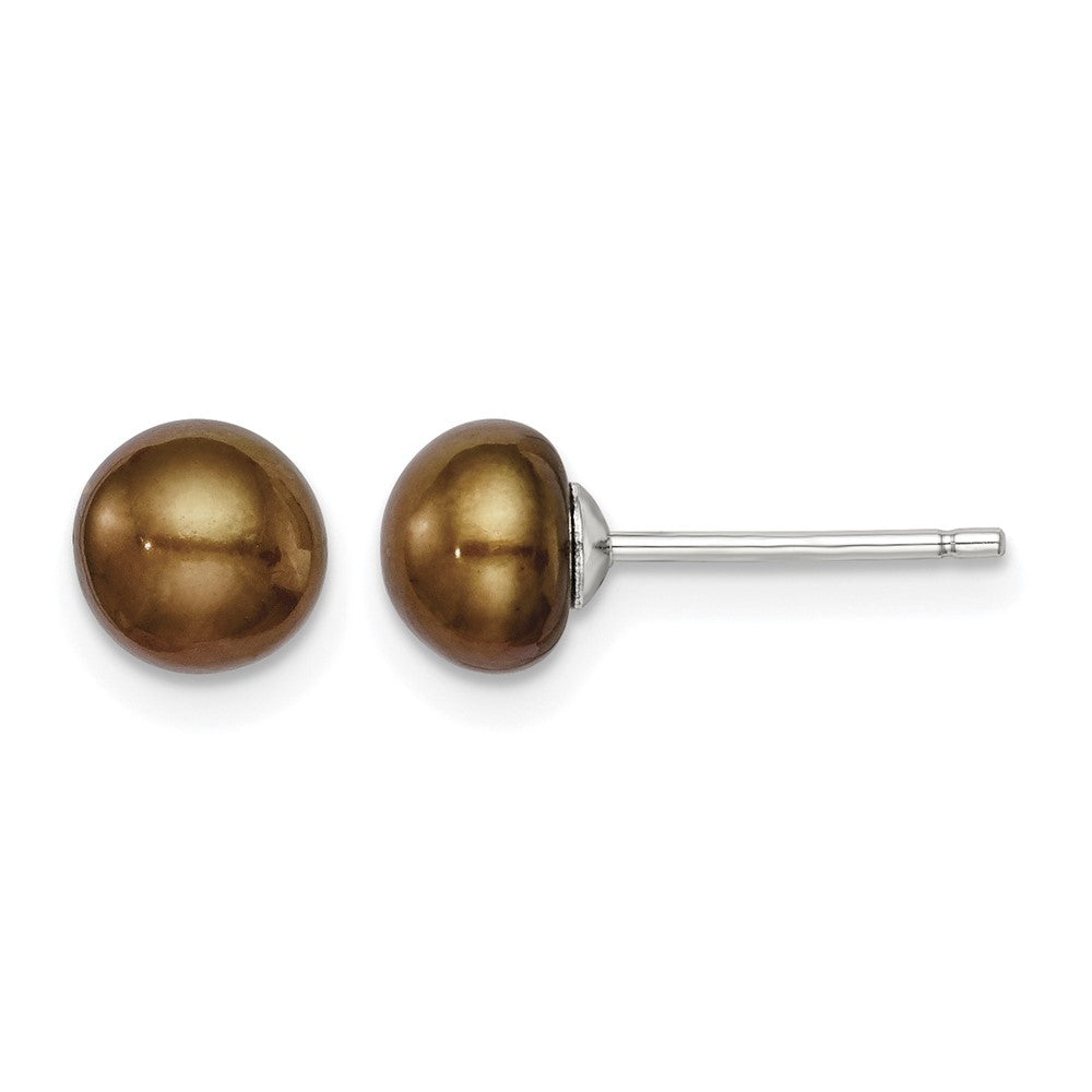Sterling Silver Rh-plated 6-7mm Brown FW Cultured Button Pearl Stud Earring