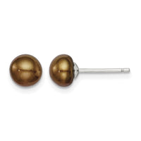 Sterling Silver Rh-plated 6-7mm Brown FW Cultured Button Pearl Stud Earring