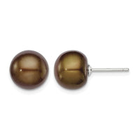 Sterling Silver Rh-plated 10-11mm Brown FWC Button Pearl Earrings
