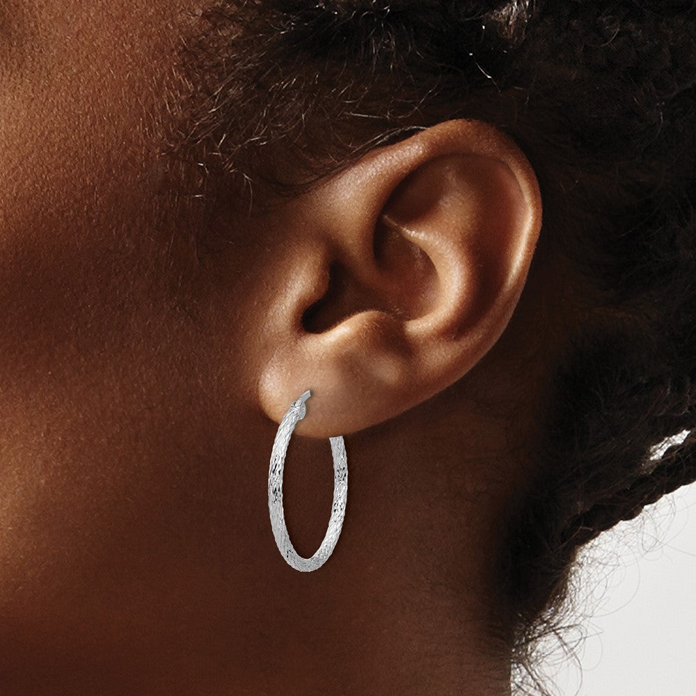 Sterling Silver Rhodium Plated Diamond-cut 2x25mm Hoop Earrings