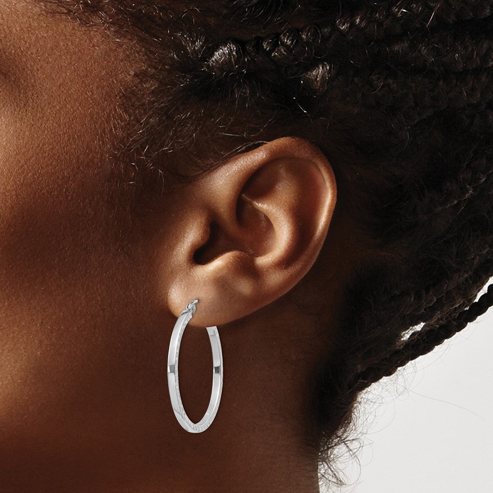 Sterling Silver Rhodium-plated Diamond-cut 2x30mm Square Tube Hoop Earrings