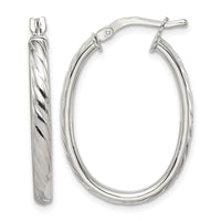 Sterling Silver Rhod-plated Textured 3mm Hollow Oval Hoop Earrings