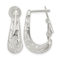 Sterling Silver Polished & Filigree Omega Back J-Hoop Earrings