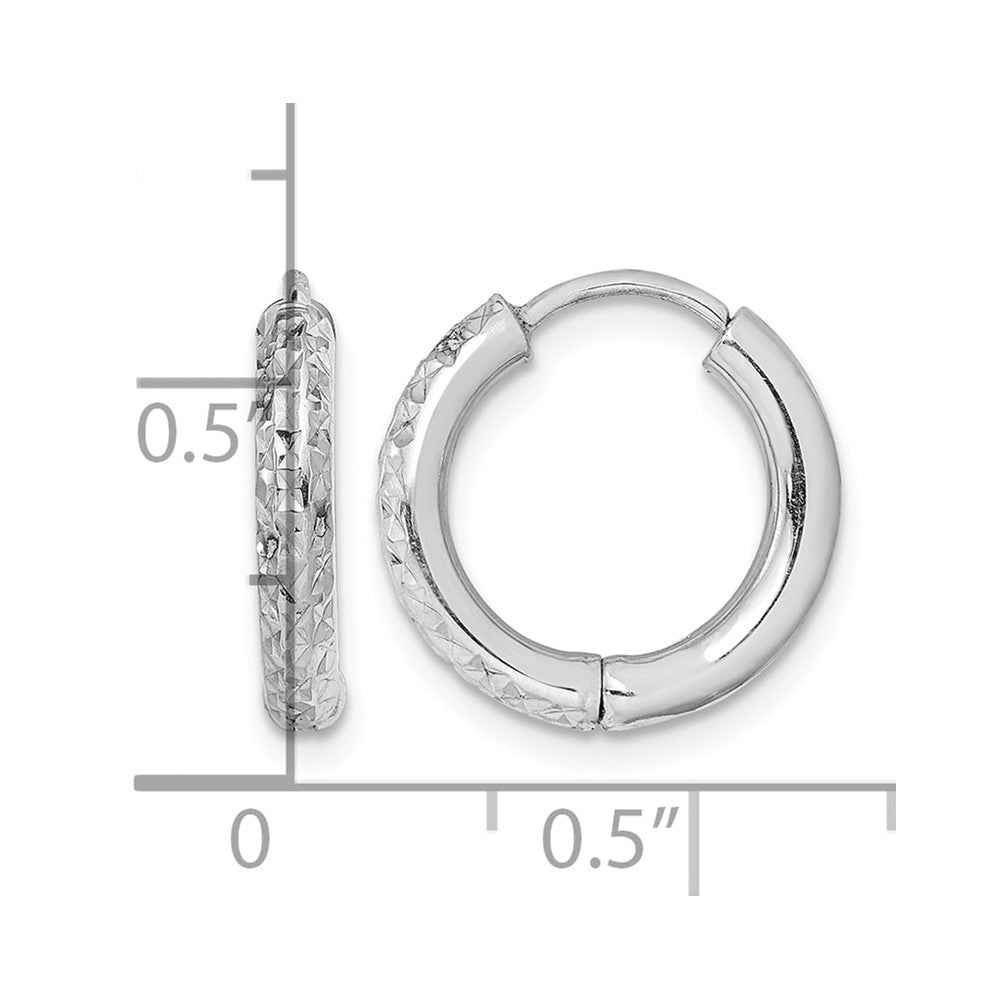 Sterling Silver Rhodium Polished Diamond Cut Hinged Hoop Earrings