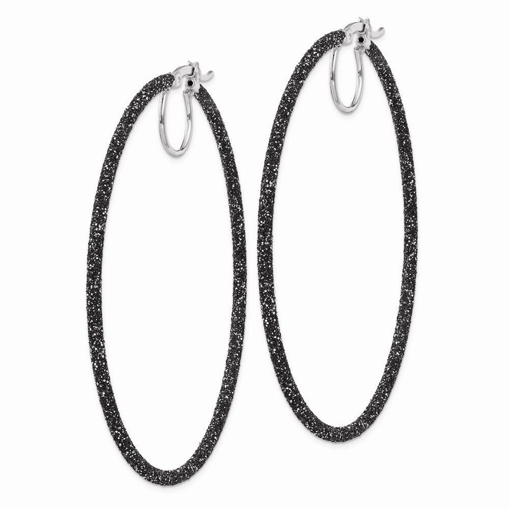 Sterling Silver Rhodium-plated Black Glitter Enamel 2x55mm Hoop Earrings