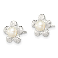 Sterling Silver Polished & Textured Imitation Pearl Flower Post Earrings