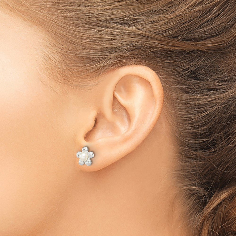 Sterling Silver Polished & Textured Imitation Pearl Flower Post Earrings