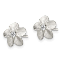 Sterling Silver Polished and Satin Flower with CZ Post Earrings