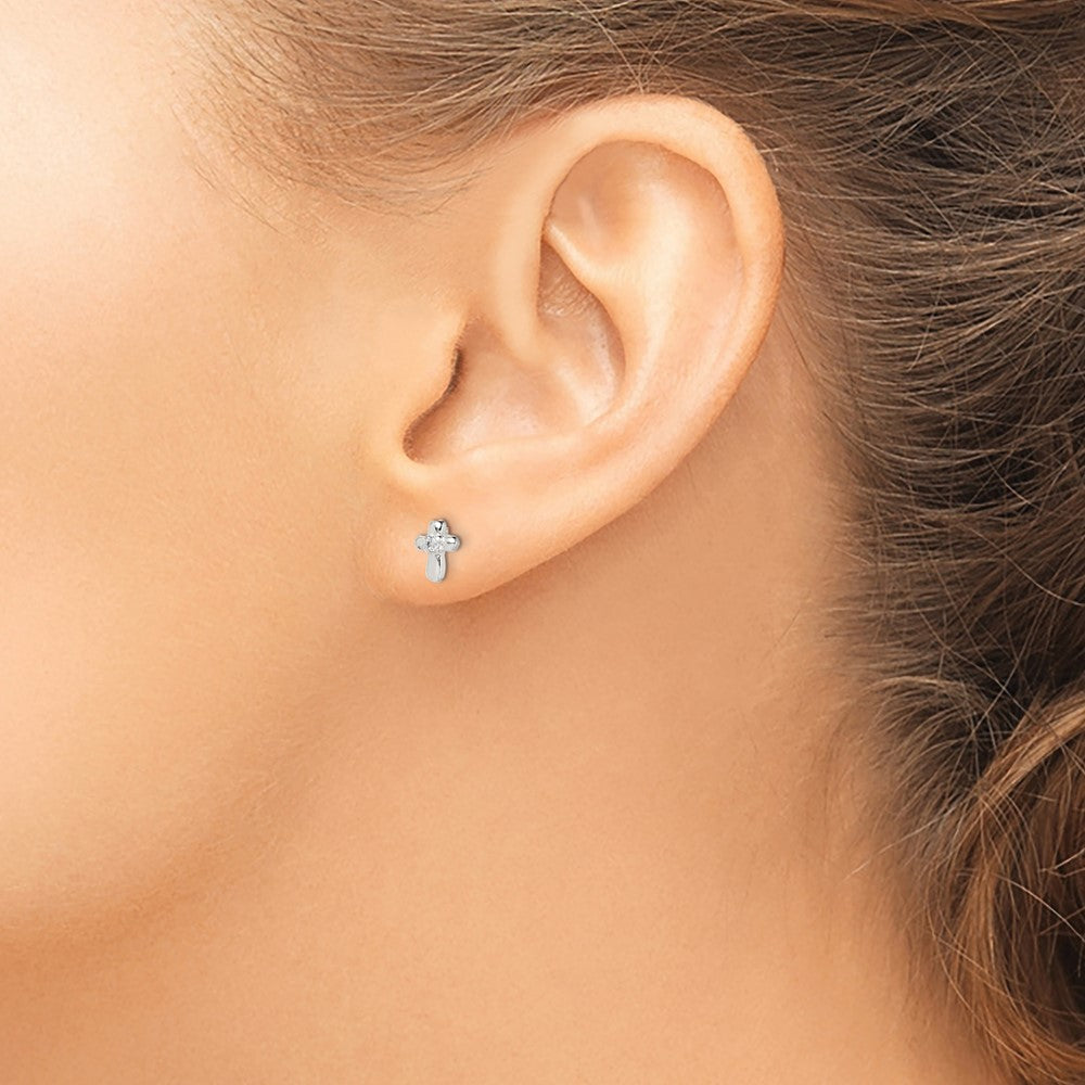 Sterling Silver Polished Cross with CZ Petite Post Earrings
