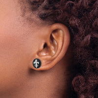 Sterling Silver Rhodium-plated CZ Fleur de Lis Onyx Circle Stud Earrings
