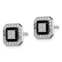 Sterling Silver RH-plated Black Enamel & Pavé CZ Square Halo Post Earrings
