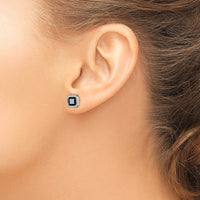 Sterling Silver RH-plated Black Enamel & Pavé CZ Square Halo Post Earrings