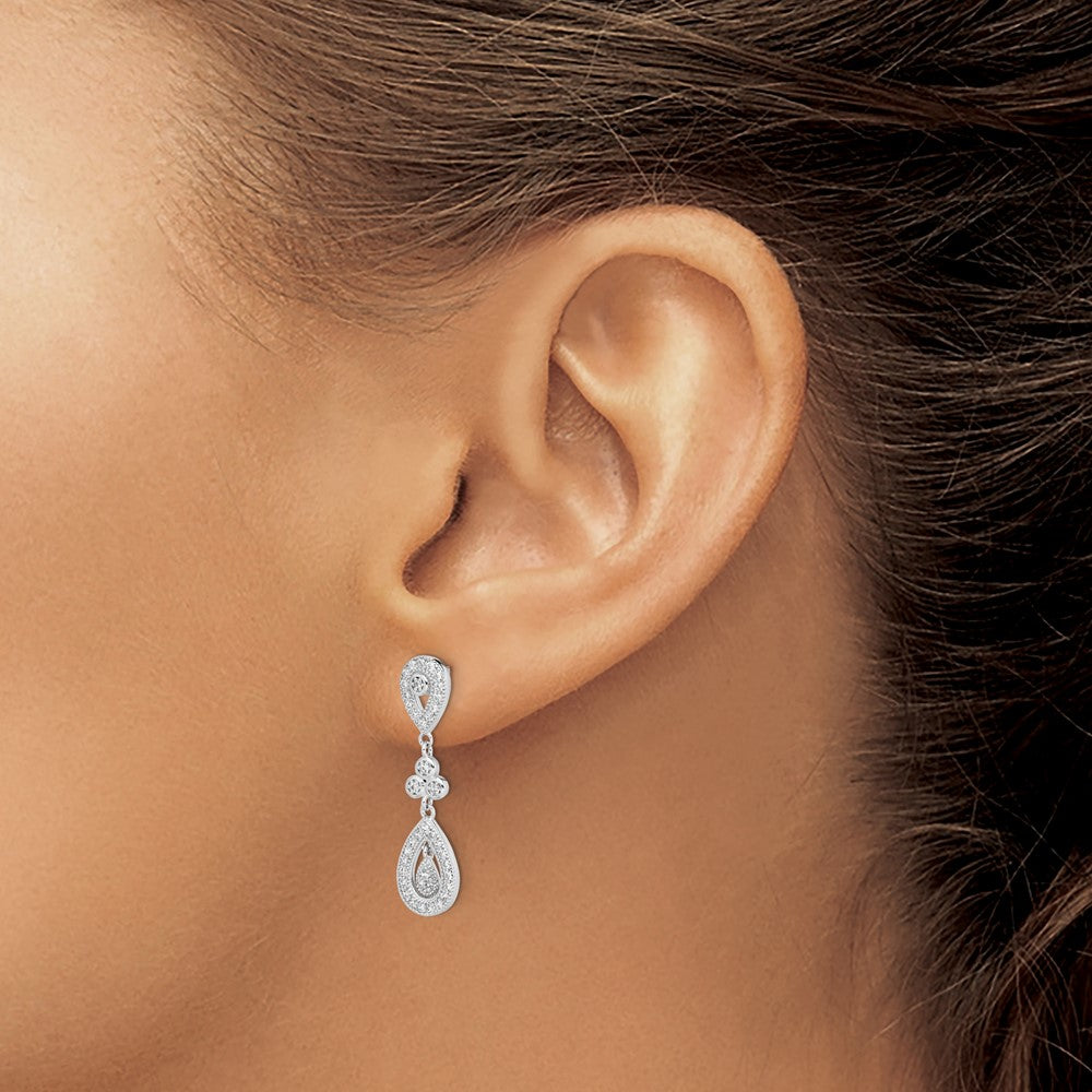 Sterling Silver Rhodium-plated CZ Pavé Pear Dangle Post Earrings