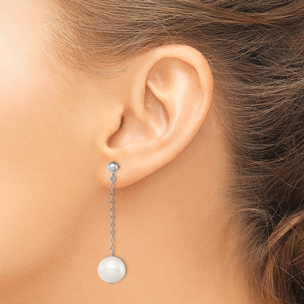 Sterling Silver Rhodium-plated 10-11mm FWC Pearl Dangle Post Earrings
