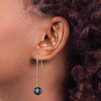 Sterling Silver Rhodium-plated 9-10mm FWC Black Pearl Dangle Earrings