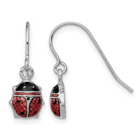 Sterling Silver Rhodium Enameled Ladybug Dangle Earrings