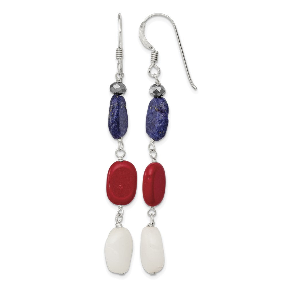 Sterling Silver Polished Red Coral/Crystal/White Jade/Lapis Dangle Earrings