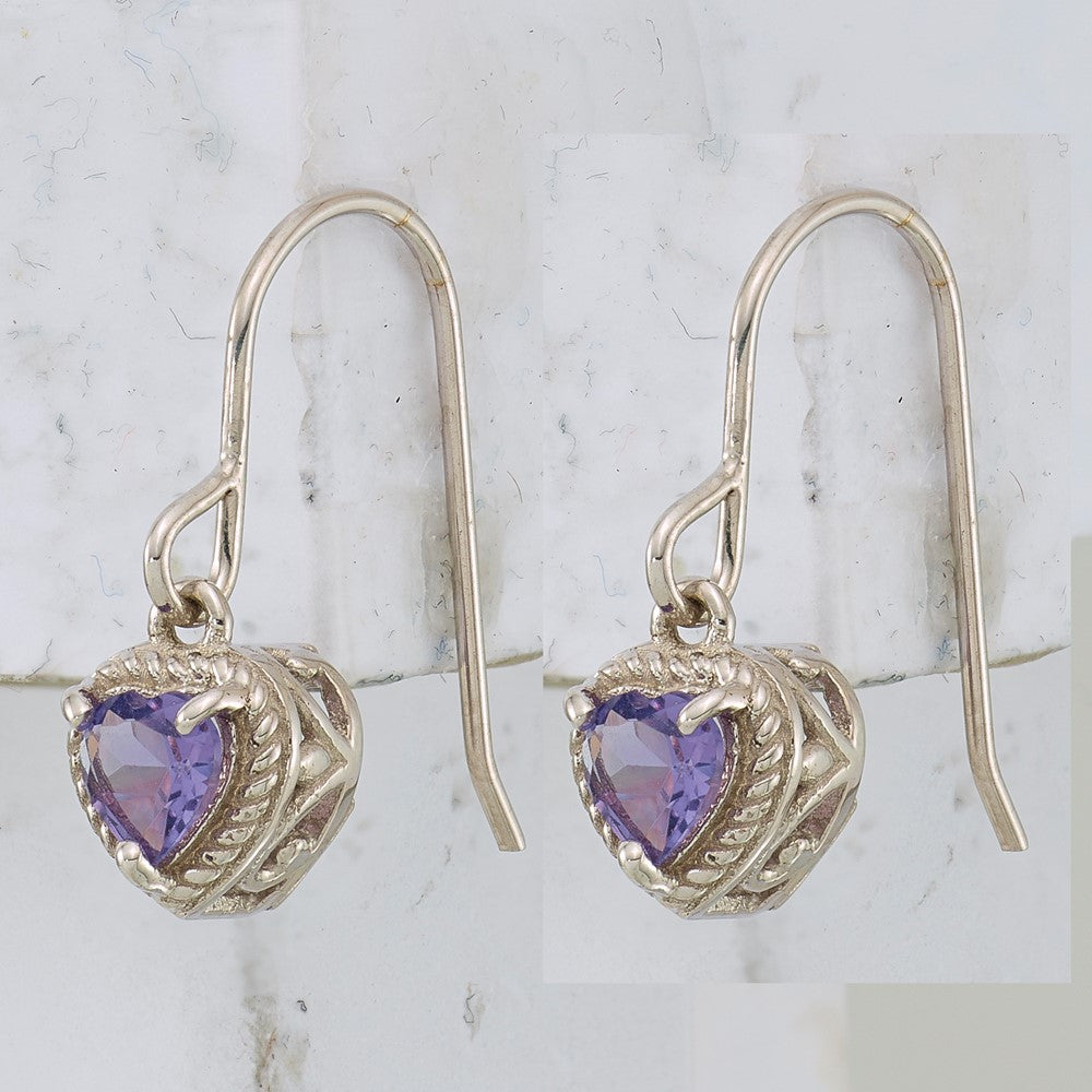 Sterling Silver Rhodium Plated Amethyst Small Heart Earrings