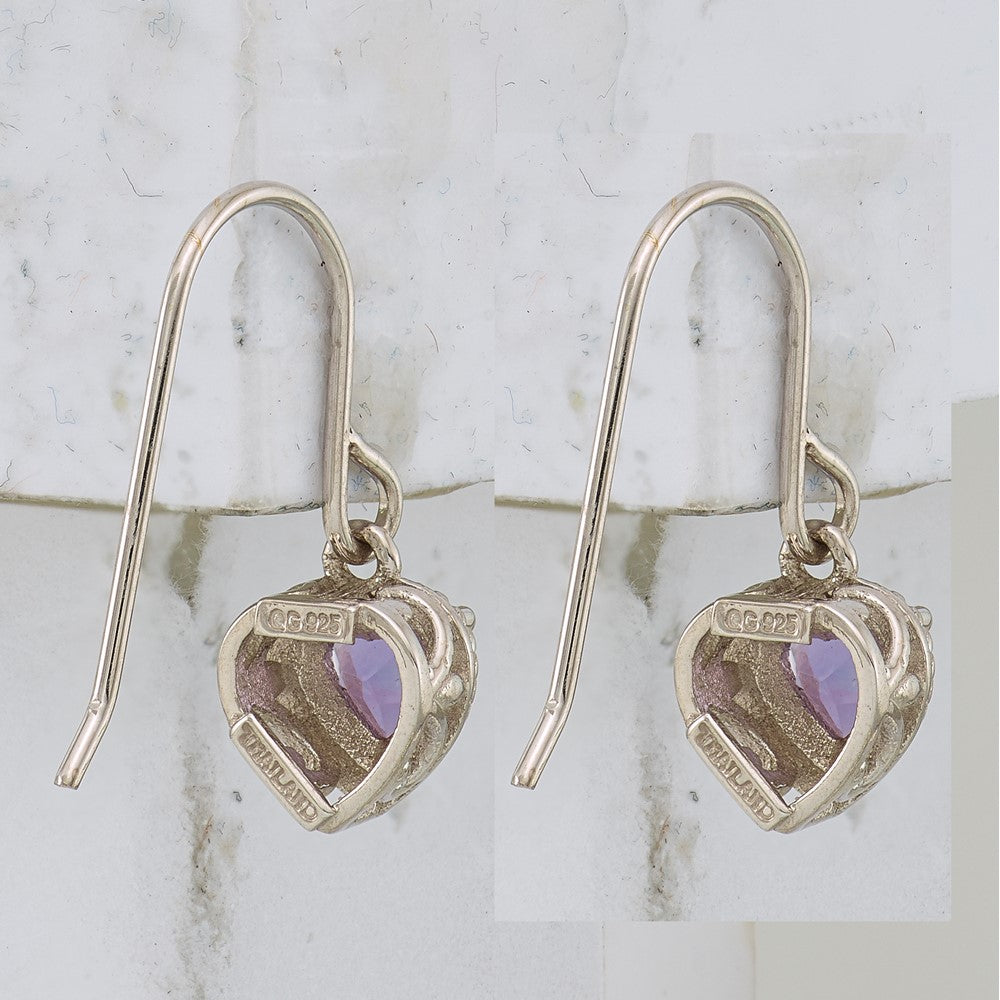 Sterling Silver Rhodium Plated Amethyst Small Heart Earrings