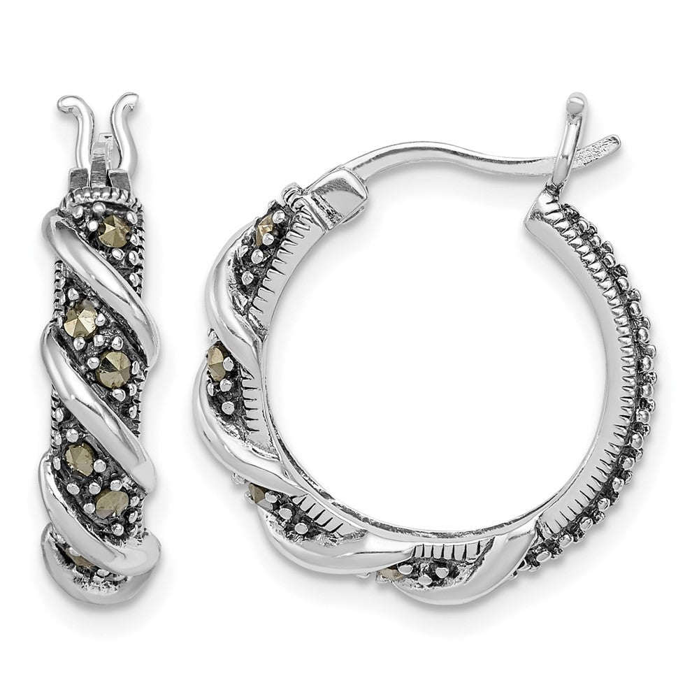 Sterling Silver Rhodium-plated Antiqued Swirl Hoop Marcasite Earrings