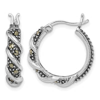 Sterling Silver Rhodium-plated Antiqued Swirl Hoop Marcasite Earrings