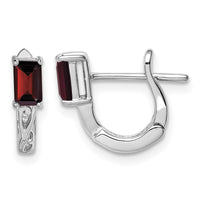 Sterling Silver Rhodium Plated Garnet Hinged Hoop Earrings