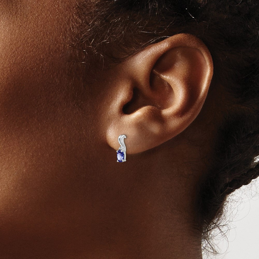 Sterling Silver Rhodium Plated Diamond & Tanzanite Oval Post Earrings