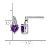 Sterling Silver Rhodium Plated Diamond and Amethyst Heart Post Earrings