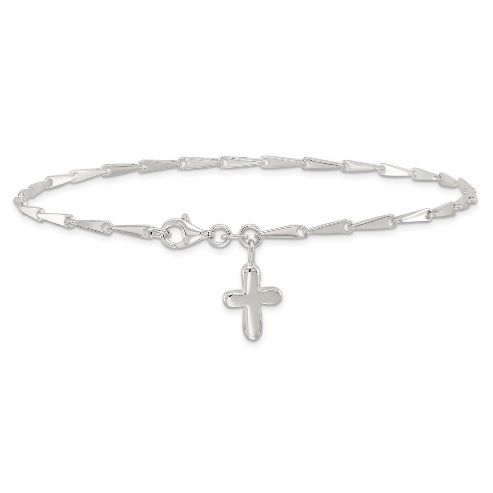 Sterling Silver 10 in Solid Polished Cross on Fancy Link Anklet