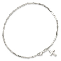 Sterling Silver 10 in Solid Polished Cross on Fancy Link Anklet