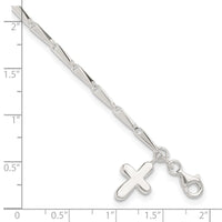 Sterling Silver 9 in Solid Polished Cross on Fancy Link Anklet