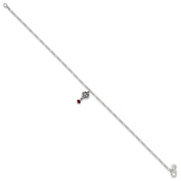 Sterling Silver Dark Pink Crystal Dangling Antiqued Heart 10 inch Anklet