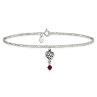 Sterling Silver Dark Pink Crystal Dangling Antiqued Heart 10 inch Anklet