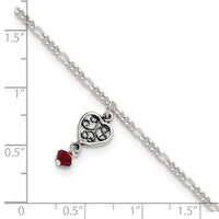 Sterling Silver Dark Pink Crystal Dangling Antiqued Heart 10 inch Anklet