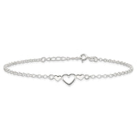 Sterling Silver 9inch Plus 1 in ext. Polished Triple Heart Anklet