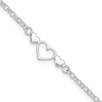 Sterling Silver 9inch Plus 1 in ext. Polished Triple Heart Anklet