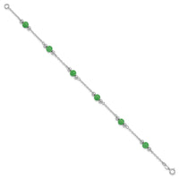 Sterling Silver Rhodium-plated 9inch Polished Green Jade Anklet
