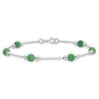 Sterling Silver Rhodium-plated 9inch Polished Green Jade Anklet