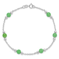 Sterling Silver Rhodium-plated 9inch Polished Green Jade Anklet