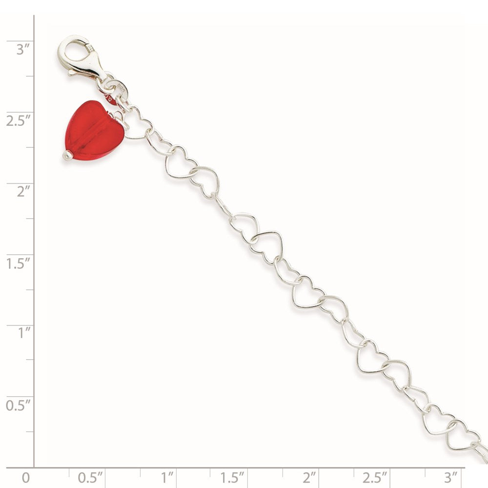 Sterling Silver Link Red Synthetic Crystal Stone Heart Anklet