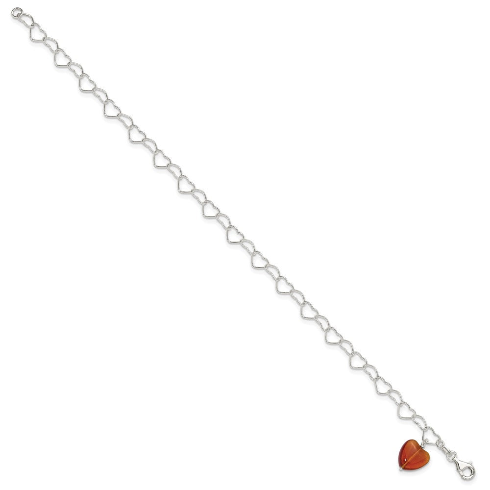 Sterling Silver Link Red Synthetic Crystal Stone Heart Anklet
