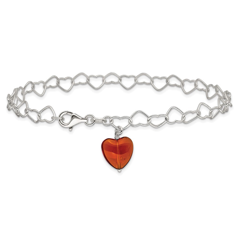 Sterling Silver Link Red Synthetic Crystal Stone Heart Anklet