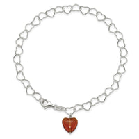 Sterling Silver Link Red Synthetic Crystal Stone Heart Anklet