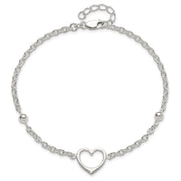 Sterling Silver 9in Plus 1 in ext Heart Anklet