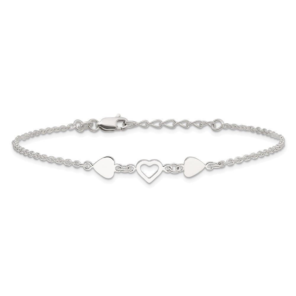 Sterling Silver 8 inch Plus 1in ext.Heart Link Anklet