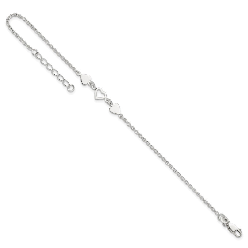 Sterling Silver 8 inch Plus 1in ext.Heart Link Anklet
