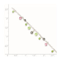 Sterling Silver 9in Pink Crystal Green Quartz Peridot Beads Anklet