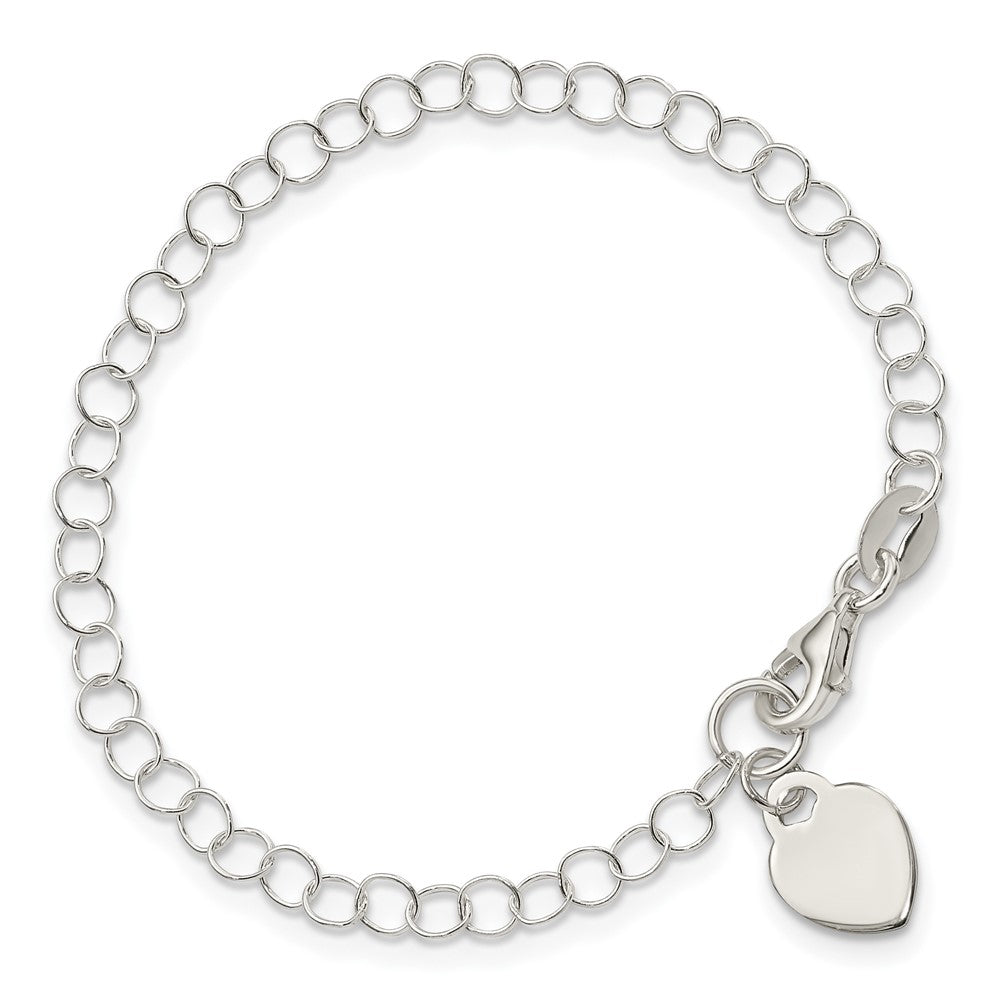 Sterling Silver Round Link with Heart Dangle Charm 6 Inch Bracelet